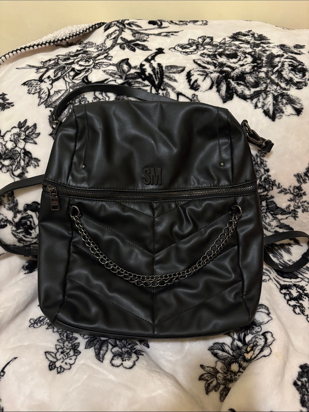 Steve Madden Black Quilted Faux Leather Backpack with Chain Accent